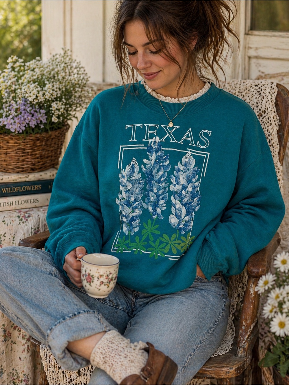 Vintage Texas Bluebonnet Sweatshirt Cottagecore Pullover‎ Women’s size large